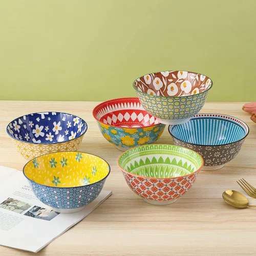 Miniatura 4 de Juego de Tazones de Porcelana para Sopa y Cereales - Tazones de Cerámica para Cocina de 23 oz - 6 Juegos de Tazones Coloridos con Patrones Lindos