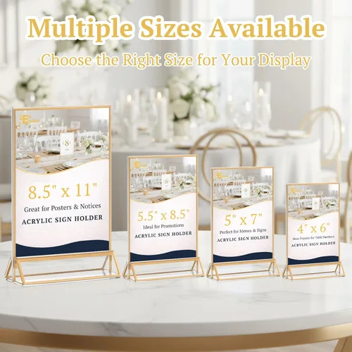 Miniatura 8 de EHWINE Paquete de 12 soportes acrílicos para letreros de 5 x 7 pulgadas, soporte de marco de oro de doble cara, soportes de letreros de mesa