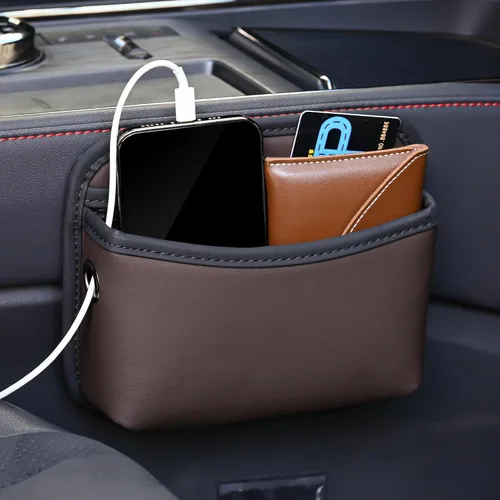 Miniatura 8 de JEYODA Bolsillo de almacenamiento lateral para asiento de auto, organizador pequeño, bolsa organizadora lateral de consola de cuero sintético
