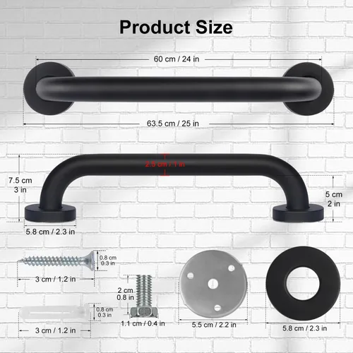 Miniatura 2 de supregear - Paquete de 2 barras de agarre para baño, barra de seguridad negra para ducha de 24 pulgadas de longitud, mango antideslizante de acero