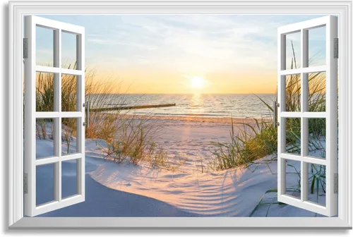 Miniatura 8 de Woxfcart Arte de pared de palmera de playa, imagen de escena del océano con impresiones de ventana para decoración de sala de estar azul y verde