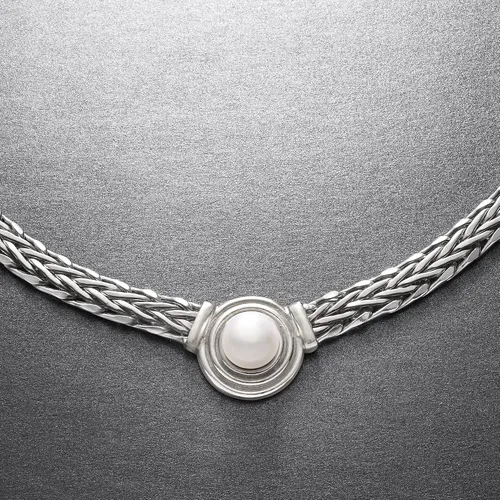 Miniatura 4 de Ross-Simons 8mm Cultured Pearl Flat Wheat-Chain Necklace in Sterling Silver