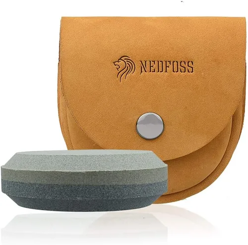 NedFoss - Herramienta de afilado de hachas con funda de cuero, piedra de afilado para hachas y herramientas, piedra de afilado de doble grano