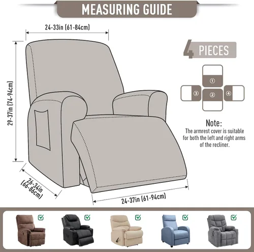 Miniatura 5 de TAOCOCO Funda reclinable de 4 piezas, funda elástica para sofá reclinable de 4 piezas, funda reclinable con 1 asiento, protector suave, fundas