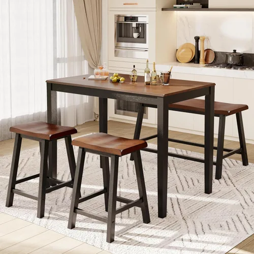 Miniatura 10 de PHI VILLA Juego de mesa de comedor de granja para 4 espacios pequeños, mesa y sillas de altura de mostrador con banco, juego de mesa de cocina alta