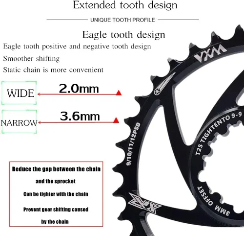 Miniatura 3 de YBEKI Plato estrecho ancho 30T-38T – CNC 7075-T6 aluminio MTB para SRAM GXP/XX1/X01 (desplazamiento de 0.118 in/0.236 in) Diseño de diente