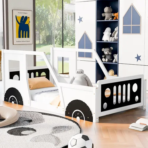Miniatura 3 de Polibi Cama de plataforma, tamaño individual, cama clásica de madera en forma de automóvil con ruedas, cabecero, estribo, puertas, ventanas