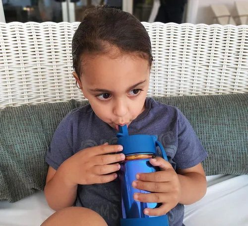 Miniatura 7 de CHILLOUT LIFE Botella de agua aislada para niños de 12 onzas para la escuela con tapa con pajilla, a prueba de fugas y bonitas calcomanías Azul