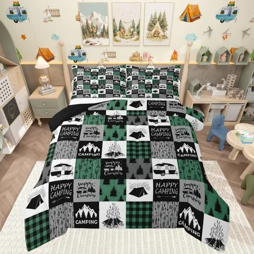 Miniatura 37 de Juego de edredón de camper tamaño matrimonial, edredón acolchado para adolescentes y niños, juego de ropa de cama rústica de granja para niños