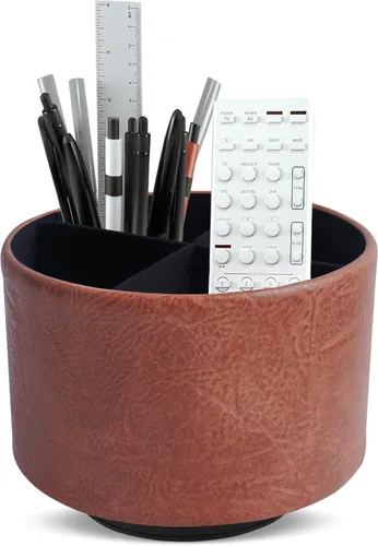 Miniatura 62 de Organizador Redondo de Cuero para Suministros de Arte, Soporte para Control Remoto, Rotación de 360 Grados, Soporte Multifuncional para Lápices