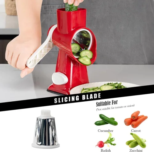 Miniatura 2 de Badelite Rallador de Queso con Manivela Giratoria Triturador de Queso Giratoria de Acero Inoxidable Cortador de Verduras para Cocina 3 Cuchillas Rojo