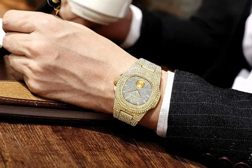 Miniatura 4 de Gosasa Reloj de pulsera unisex de cristal para hombre y mujer, reloj cubano con brillo completo, oblongo de plata/oro, reloj de pulsera de acero