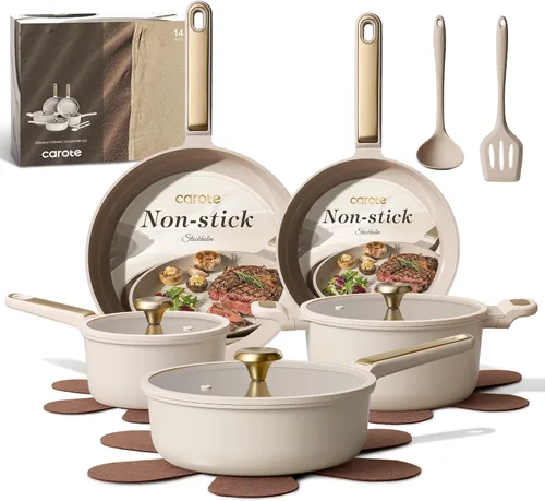 Miniatura 9 de CAROTE Juego de 14 piezas de ollas y sartenes antiadherentes, juego de utensilios de cocina de granito con inducción, juego de cocina antiadherente