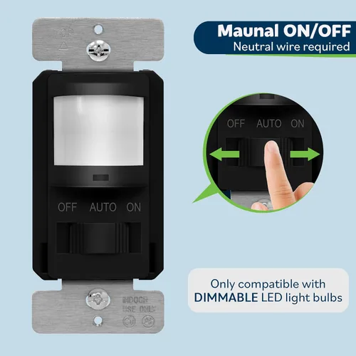 Miniatura 4 de TOPGREENER - Interruptor de luz con sensor de movimiento PIR para pared, interruptor con sensor de ocupación, requiere cable neutro, control manual