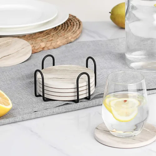 Miniatura 6 de LIFVER Juego de 6 posavasos para bebidas, piedra absorbente con soporte, posavasos de cerámica estilo mármol negro para protección de mesa, amarillo