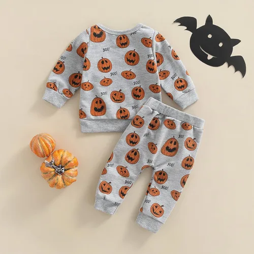 Miniatura 4 de Conjunto de sudadera con estampado de calabaza y pantalones de Halloween para niños y niñas