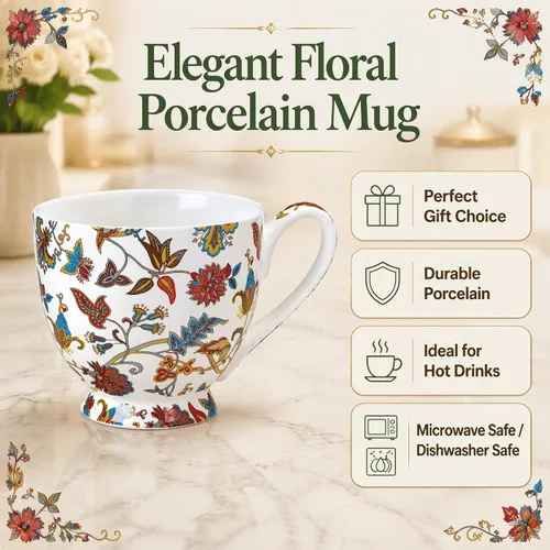Miniatura 2 de Tazas florales de porcelana de hueso de 16 onzas, elegante taza de té y café floral, apta para microondas y lavavajillas, perfecta para café, té