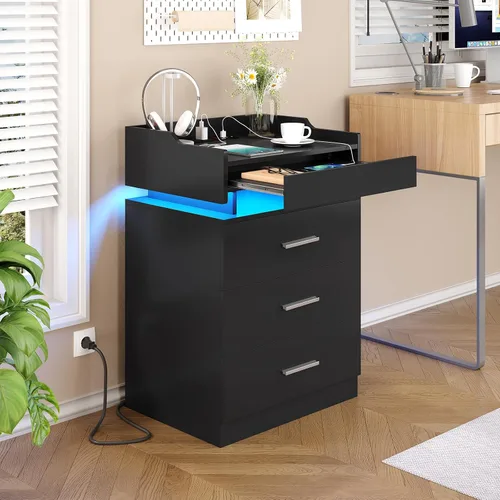 Miniatura 7 de BTHFST Mesita de noche grande con estación de carga y luces LED, mesita de noche negra con 3 cajones y 1 bandeja extraíble, mesa auxiliar