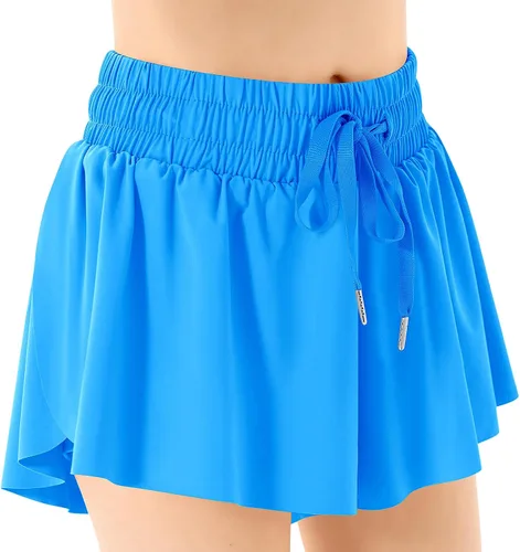 QooNoo Girls Butterfly Shorts with Pocket Flowy Athletic Shorts High Waist Preppy Running Shorts for Kids Teen