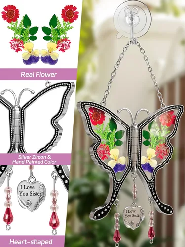 Miniatura 4 de KY&BOSAM Atrapasoles de mariposa con texto en inglés "I Love You Sister" para ventanas con flores secas y prensadas reales, dije de corazón grabado