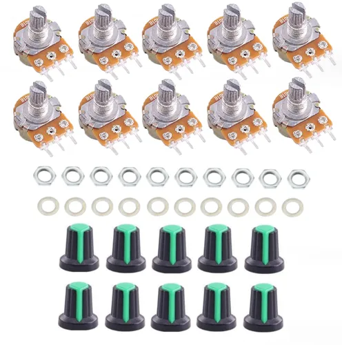 California JOS 10PCS WH148 Potenciómetro de una sola articulación resistencias variables 0.591 in eje 3Pins potenciómetro Kit (10K con perilla verde)
