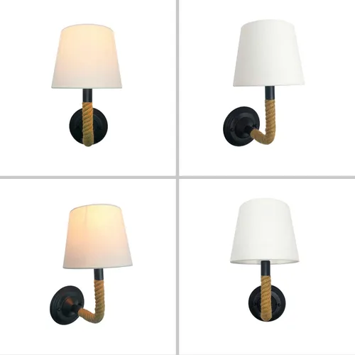 Miniatura 7 de Vintage Wall Light Hemp Rope Bedside Sconce Rustic Industrial Headboard Lamp, Farmhouse Wall Mount Lighting Fixture with Flared White Textile Lamp