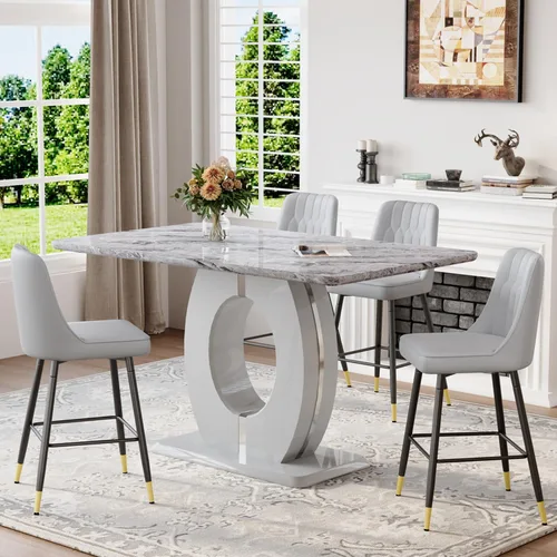 Miniatura 27 de Juego de mesa de comedor de mármol de 63 pulgadas para 6, moderno juego de mesa de comedor de altura de mostrador, mesa alta gris con taburetes