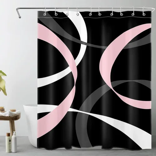 Miniatura 13 de LB Cortina de ducha abstracta rosa para baño, cortina de ducha de tela a rayas grises y blancas sobre fondo negro con ganchos, juego de cortinas
