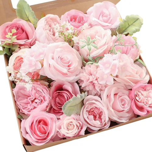 Miniatura 28 de Floroom - Flores artificiales de aspecto real en color lila, lavanda, púrpura y crema, rosas falsas, dalias y vegetación en conjunto de caja