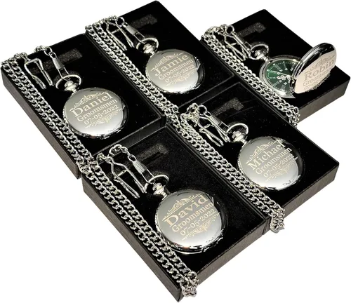 Miniatura 3 de 1 reloj de bolsillo grabado - Viene con caja personalizada, cadena y grabado. Esfera verde con números romanos plateados, regalos de boda Negro
