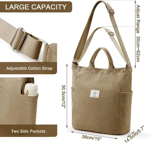 Miniatura 5 de KALIDI Bolso de mano de pana, bolso de mensajero con cremallera, bolso bandolera estilo hobo casual, para el trabajo, compras, para mujer