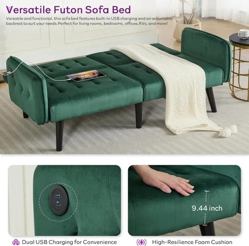 Miniatura 6 de TYBOATLE Sofá Cama Futón Plegable Convertible Moderno de Terciopelo de 65" de Ancho con 2 Puertos de Carga USB y Brazos, Sofá de Dos Plazas