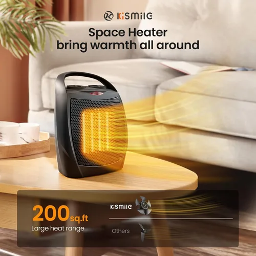Miniatura 2 de Kismile Calentador de Espacio Eléctrico Pequeño Cerámico, Calentador Portátil con Ventilador para Oficina con Termostato Ajustable y Protección