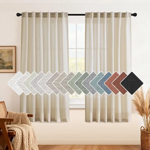 Miniatura 45 de H.VERSAILTEX Cortinas de lino natural de 63 pulgadas de largo para sala de estar, 2 paneles con trabillas traseras y bolsillo, texturizadas