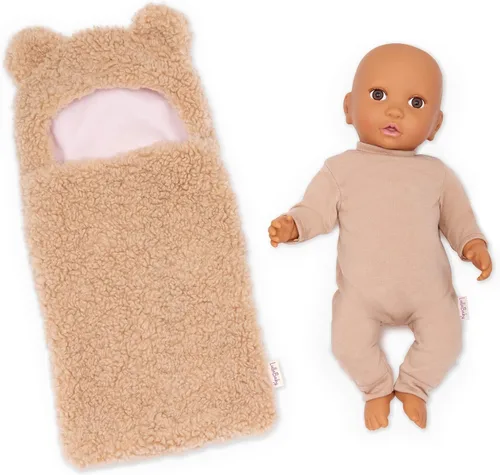 LullaBaby – Muñeca de bebé realista de 14 pulgadas – Tono de piel oliva y ojos marrones – Oso de ultra-suave – Abrazador temático – Juego de