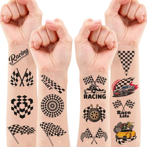 Miniatura 7 de 60 calcomanías de tatuajes temporales en blanco y negro con divertidos diseños de carreras de autos de carreras, suministros de decoración