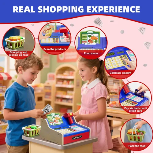 Miniatura 6 de HYES Caja registradora de madera para niños, supermercado de juego de simulación recargable y restaurante de comida rápida, caja registradora