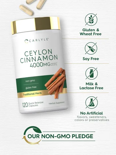 Miniatura 5 de Cápsulas de canela de Ceilán Carlyle 4000 mg 120 unidades Suplemento sin OGM y sin gluten