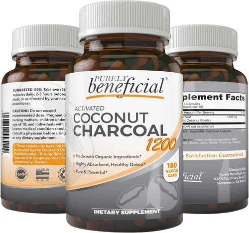 PURELY beneficial Carbón de coco activado 1200 mg, 180 cápsulas - Pastillas para el sistema digestivo, hinchazón, vegano (1 botella)