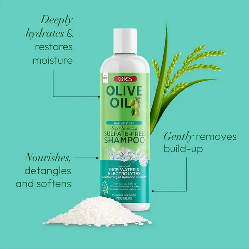 Miniatura 4 de ORS Aceite de oliva Max Moisture Champú súper hidratante sin sulfato, infundido con agua de arroz y electrolitos para una hidratación y crecimiento
