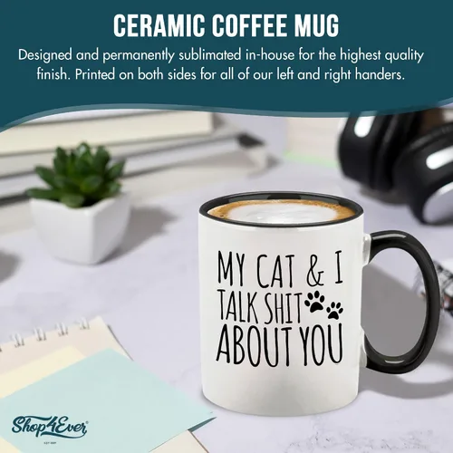 Miniatura 5 de shop4ever My Cat & I Talk About You - Taza de café de cerámica, regalo divertido para mamá gata, 11 onzas (mango negro)
