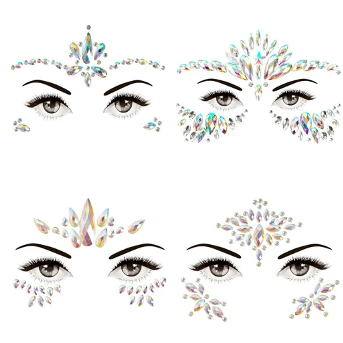 Miniatura 9 de 4 hojas de gemas faciales de Euforia, 0.35 oz de purpurina gruesa, calcomanías de diamantes de imitación que brillan en la oscuridad, gemas