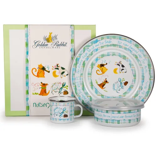 Miniatura 3 de Golden Rabbit Juego de vajilla infantil esmaltada: plato, taza y cuenco con tapa, conejitos azules