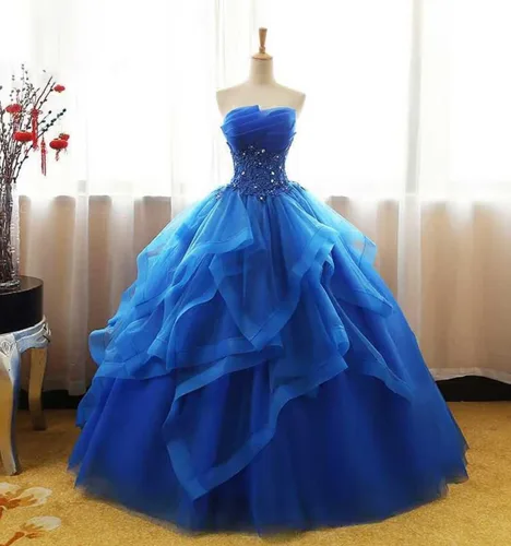 Miniatura 4 de Fair Lady Vestido de fiesta largo con volantes vestido de fiesta vestidos de quinceañera sin tirantes de encaje de tul con cuentas vestido de noche
