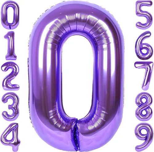 Globo de número 0 de 40 pulgadas de RainbowQ Party, grande, color púrpura, para niños o niñas, números del 0 al 9, de papel de aluminio y Mylar,
