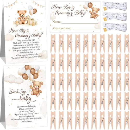 Suzile 105 piezas de juegos de baby shower con tema de oso, incluyen How Big is Mommy's Belly Game Measure Mommy's Belly Sign Don't Say Baby Sign