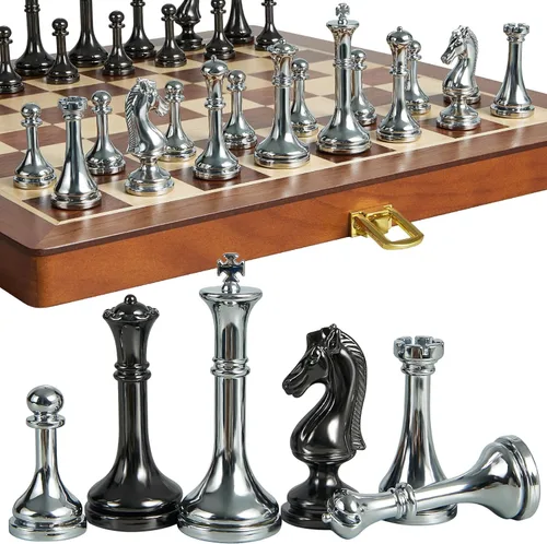ELONGDI Juego de ajedrez de metal para adultos y niños, tablero de ajedrez plegable de madera de 12 pulgadas y piezas de metal, juego de ajedrez