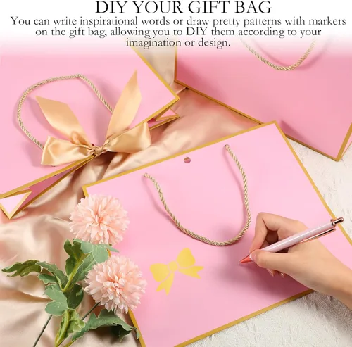 Miniatura 3 de Silkfly 12 bolsas de regalo con asas para dama de honor, 12 x 10 x 4 pulgadas, elegantes bolsas de regalo de bienvenida de boda con lazo para Rosa