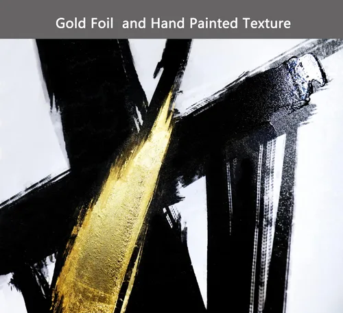 Miniatura 2 de Sofoney - Lienzo abstracto enmarcado en oro negro y dorado, impresiones artísticas 3D texturizadas con pinceladas negras con lámina dorada