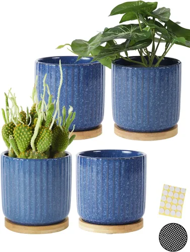 Macetas de cerámica de 4 pulgadas con platillo y orificio de drenaje, macetas cilíndricas de rayas verticales azules con bandejas para hierbas,